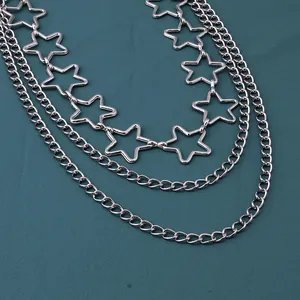 Macro detail of silver layered pentagram star chain with intricate metal links