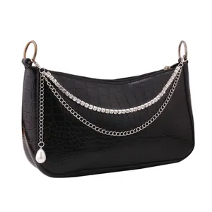 Fashionable black crocodile pattern half-moon bag with silver chains and pearl detail