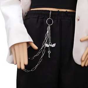 Three-layer silver punk hip-hop waist chain with feather wing heart and key pendants