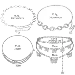 Detail showcasing four styles of punk silver metal waist chains with star and moon charms