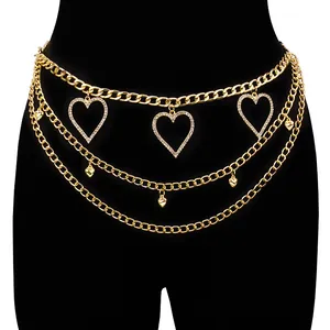Fashion Gold Layered Waist Chain Belt With Rhinestone Hollow Heart Pendant Women Alloy Multi-Layer Body Jewelry Dress Accessory
