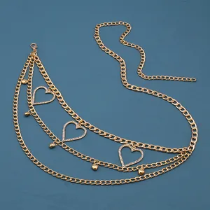 Fashion gold multilayer waist chain with large rhinestone heart pendants for women