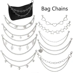 Trendy Silver Metal Bag Chain With Layered Heart Butterfly Leaf Charms DIY Decorative Shoulder Bag Strap Accessories For Women