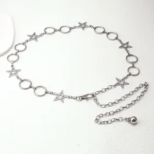Detail view of silver metal star chain belt with polished rings and lobster clasp