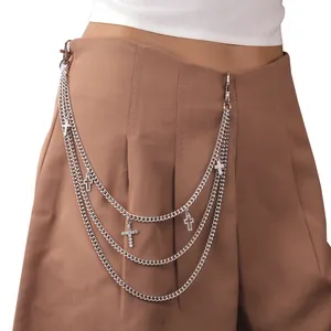 Chaîne de pantalon multicouche hip hop avec pendentifs croix en diamant et crochets sûrs