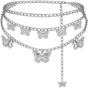 Detail of silver multi-layer metal waist chain with elegant butterfly charms and long tassels