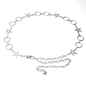 Detail of silver star chain belt featuring hollow pentagram links and lobster clasp