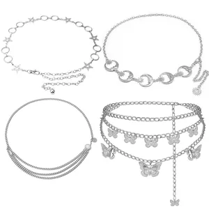 Vintage Layered Silver Metal Waist Chain Belt With Moon Star Butterfly Pendant Gothic Punk Body Jewelry For Women