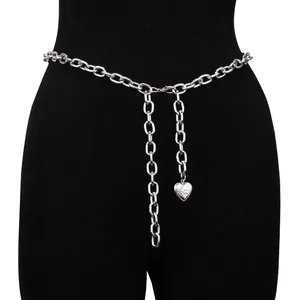 Silver cross chain body waist belt featuring a textured heart pendant and lobster clasp
