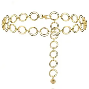 Polished gold punk double ring metal waist chain belt with adjustable lobster clasp