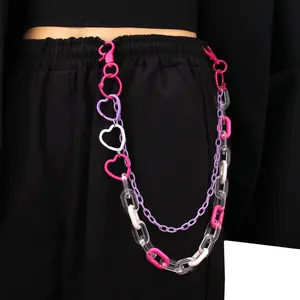 Y2K Hip Hop Acrylic Double Layer Pants Chain With Heart Charms Pink Purple Rainbow Metal Waist Chain For Jeans Skirt Decoration