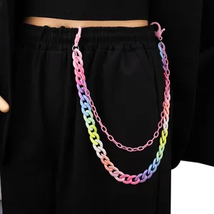 Double-layer rainbow acrylic waist chain with matte links for hip hop styling