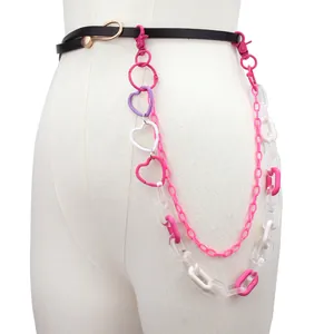 Pink and white acrylic layered chain belt with metal links and heart charms