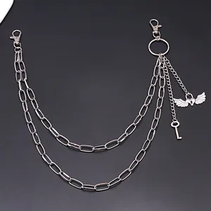 Multi-layer silver trouser chain with heart wing pendant and vintage key charms