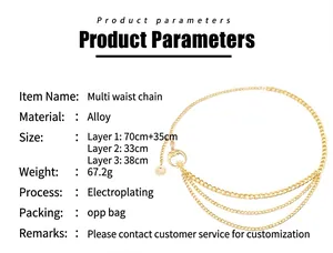 Detailed size parameters of gold multi-layer moon and sun chain belt with alloy pendants
