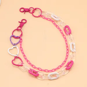 Multi-layer acrylic double chain with pink heart rings for pants or bags