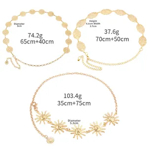 Detailed comparison of three metal waist chains with sun, leaf, and mandala coin charms
