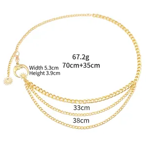 Detail of moon star charm on gold multilayer chain belt with precise measurements
