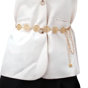 Golden metal chain belt with hollow circular patterns and a delicate rose pendant