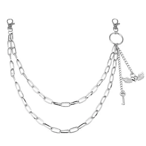 Multilayer silver pants chain with angel wing heart lock and vintage key pendants