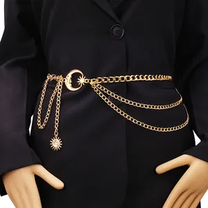 Women Multi-Layer Metal Chain Waist Belt With Moon Sun Pendants Punk Retro Boho Hip Hop Body Jewelry Accessory