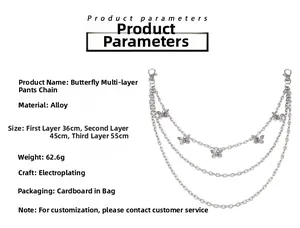 Three-layer silver alloy butterfly trouser chain with lobster clasp and lengths specified