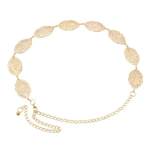 Detail of golden leaf chain belt with hollow metal leaves and adjustable lobster clasp