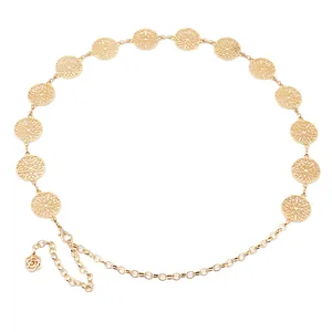 Detailed close-up of golden hollow circular link waist chain with a rose petal pendant