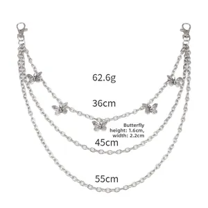 Detailed view of triple-layered silver butterfly pants chain with measurements and lobster clasp