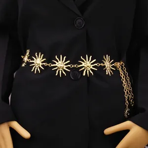 Vintage golden sun face pendant waist chain featuring embossed metallic sunburst charms