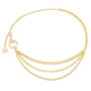 Bohemian gold multilayer waist chain with celestial sun and moon metal pendants