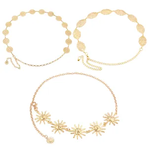 Gold Alloy Metal Waist Chain For Women Adjustable Hollow Leaf Smiling Sun Floral Pendant Body Chain Belt For Dress Accessories