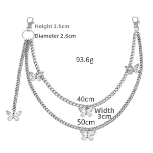 Detail view of double-layered silver chain with butterfly pendants and sizing specs