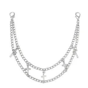 Close-up of double-layer silver alloy chain with five cross pendants and lobster clasps