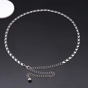Polished silver metal waist chain with hollow oval links and adjustable clasp closure