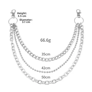 Three-layer silver metal pants chain featuring Cuban and ball link textures