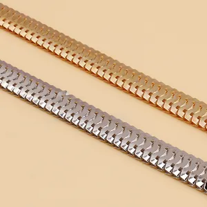Macro shot of gold and silver flat snake bone chain with intricate metal weaving texture