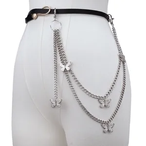 Double-layered punk butterfly waist chain with silver metal links and black faux leather