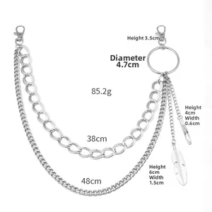 Silver punk waist chain detailed with feather pendant, lobster clasp and size measurements