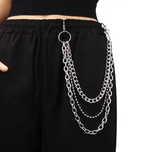 Multi-layer silver punk hip-hop waist chain with lobster clasps and metal link design