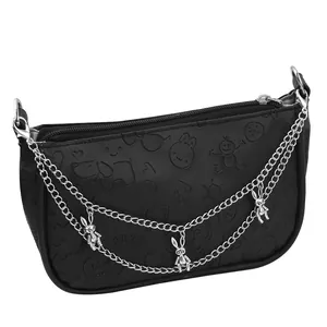 Black PU crossbody bag with embossed cartoon patterns and silver rabbit chain charms