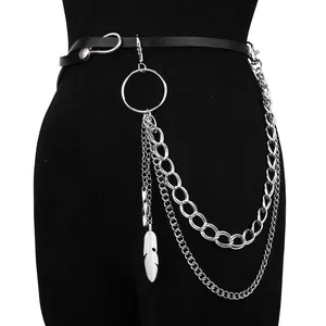 Punk style black leather waist belt with silver feather pendant and layered metal chains