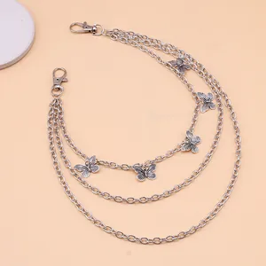 Hip hop silver multi-layer alloy butterfly trousers chain with triple rings and lobster clasps