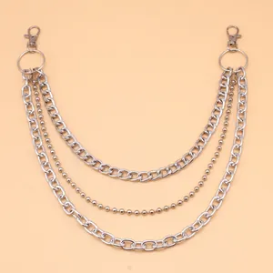 Three-layer silver punk hip-hop pant chain featuring chunky curb and beaded metal links