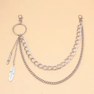 Silver multi-layer pants chain with punk feather pendant and polished metal rings