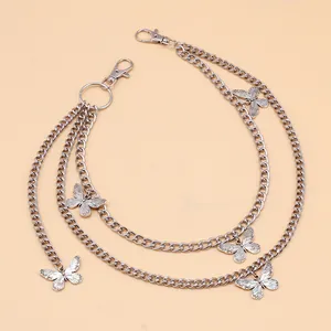 Close-up of double-layered silver alloy hip-hop waist chain with detailed butterfly charms