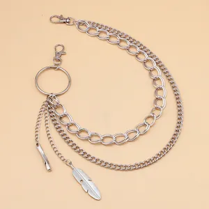 Silver punk style multi-layer feather pendant waist chain for jeans and fashion accessories