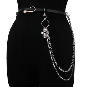 Chaîne de taille punk à double rang avec pendentif croix et ceinture en cuir PU
