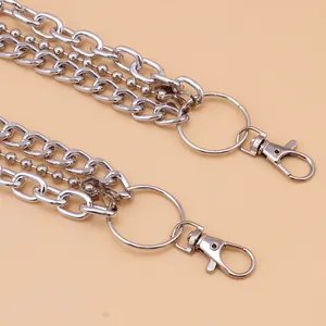 Close-up of triple-layered silver metal pants chain with thick links and lobster clasps