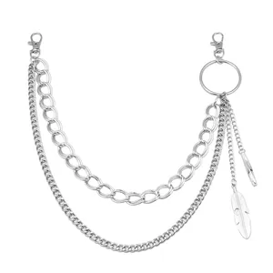 Three-layer silver punk waist chain featuring feather pendant and metallic rings